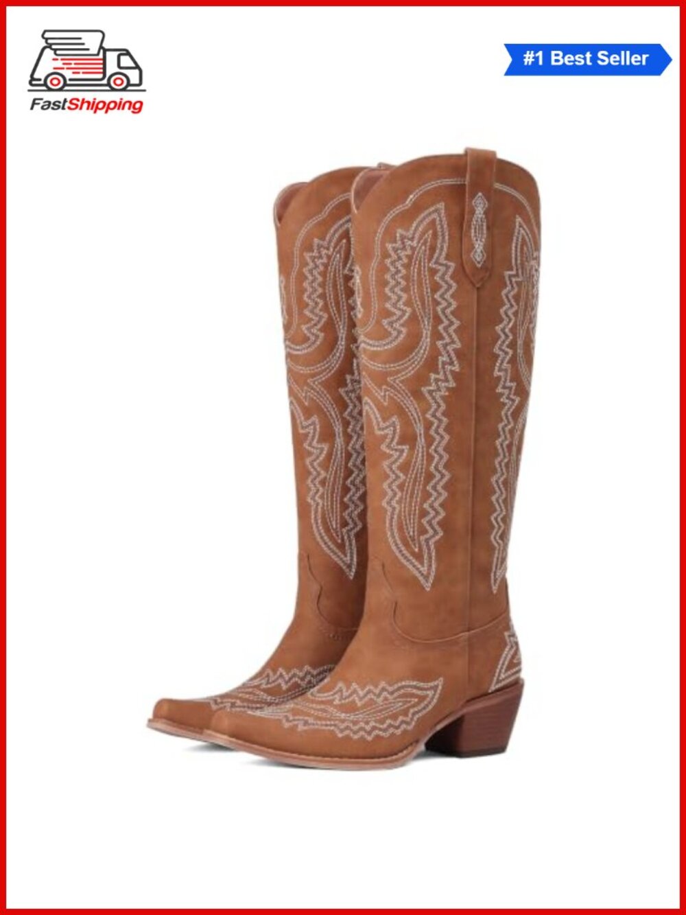 ✨ Knee High Cowboy Boots Embroidered Chunky Heel Cowgirl Boots Faux Leather